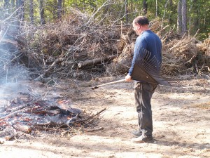 Hubby working on building a fire.